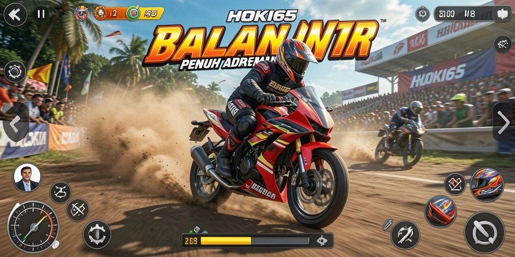 Screenshot gameplay HOKI65 menampilkan balapan motor yang intens dan seru.