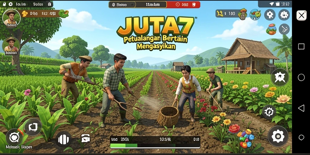 Screenshot utama JUTA7 menampilkan gameplay bertani yang menyenangkan.