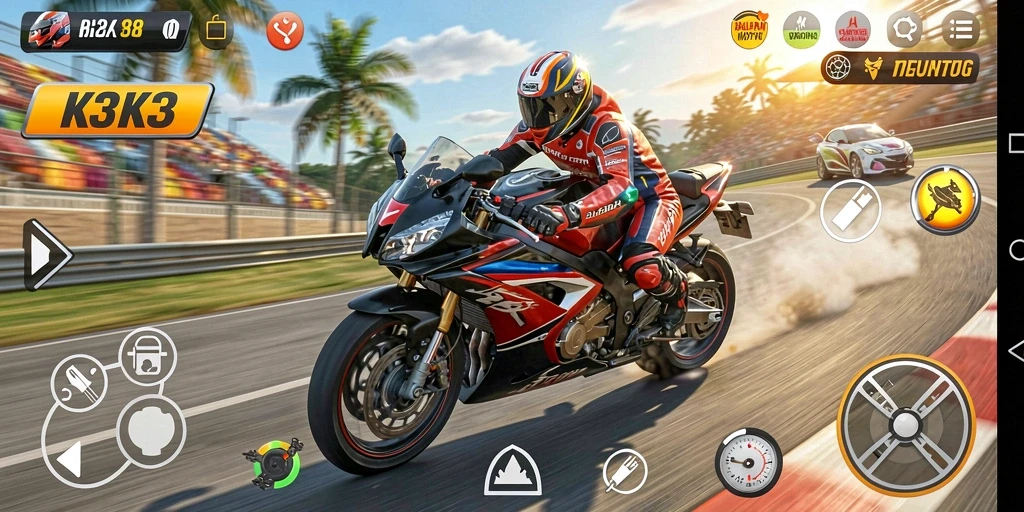 Tampilan gameplay K3K3 dengan motor balap yang memukau.