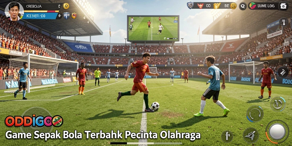 Screenshot gameplay ODDIGO menampilkan aksi seru di lapangan sepak bola.