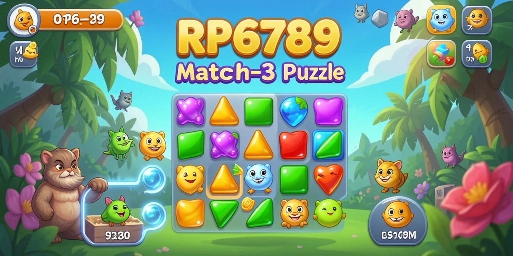 Gameplay RP6789 menampilkan aksi mencocokkan permata yang seru.