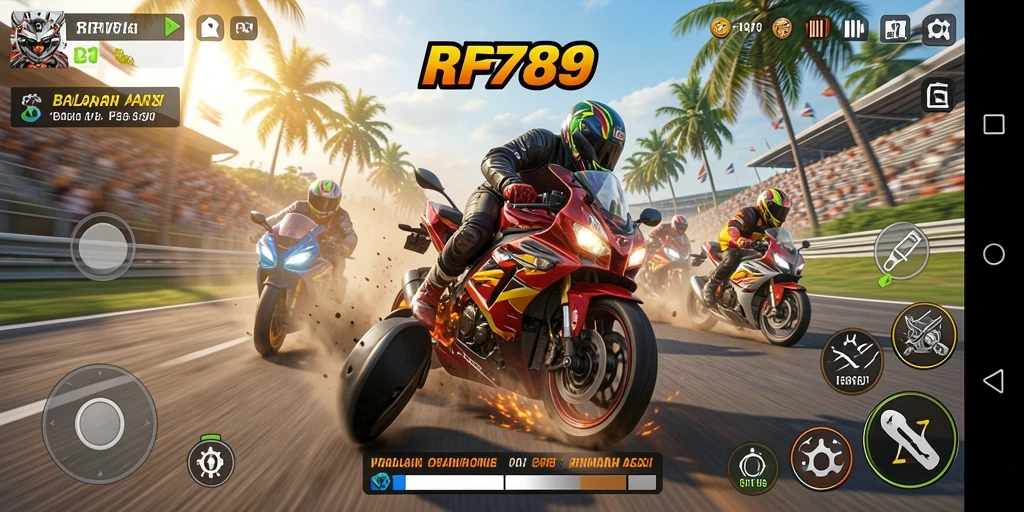 Gameplay seru dalam balapan motor RR789 yang mendebarkan.