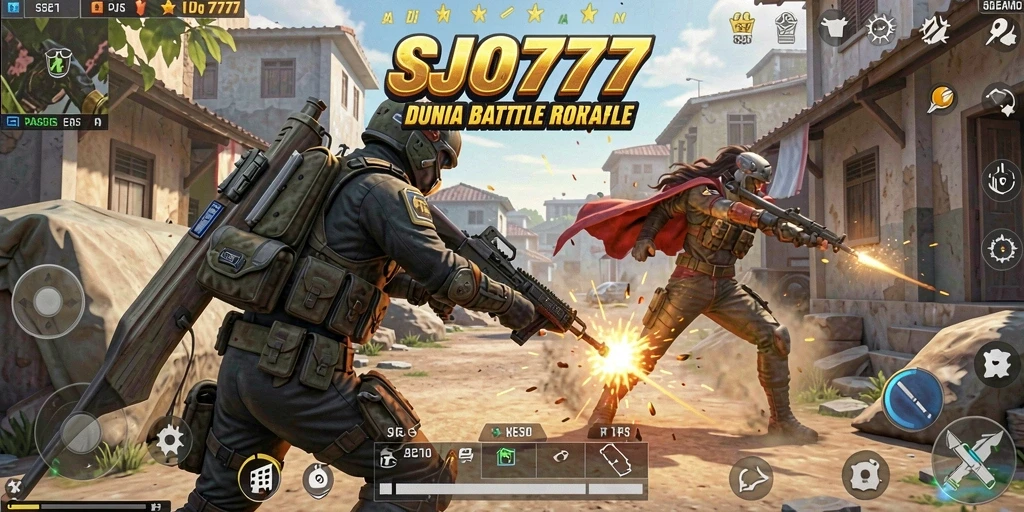 Screenshot gameplay SJO777 menampilkan pertarungan Battle Royale yang seru.