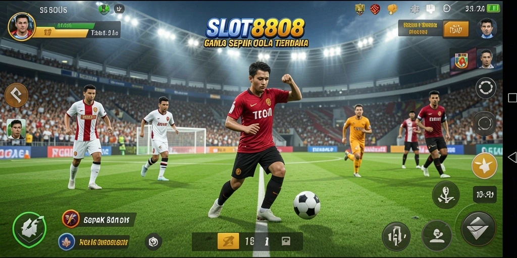 Tangkapan layar gameplay <strong>SLOT8808</strong> menunjukkan aksi seru di lapangan sepak bola.