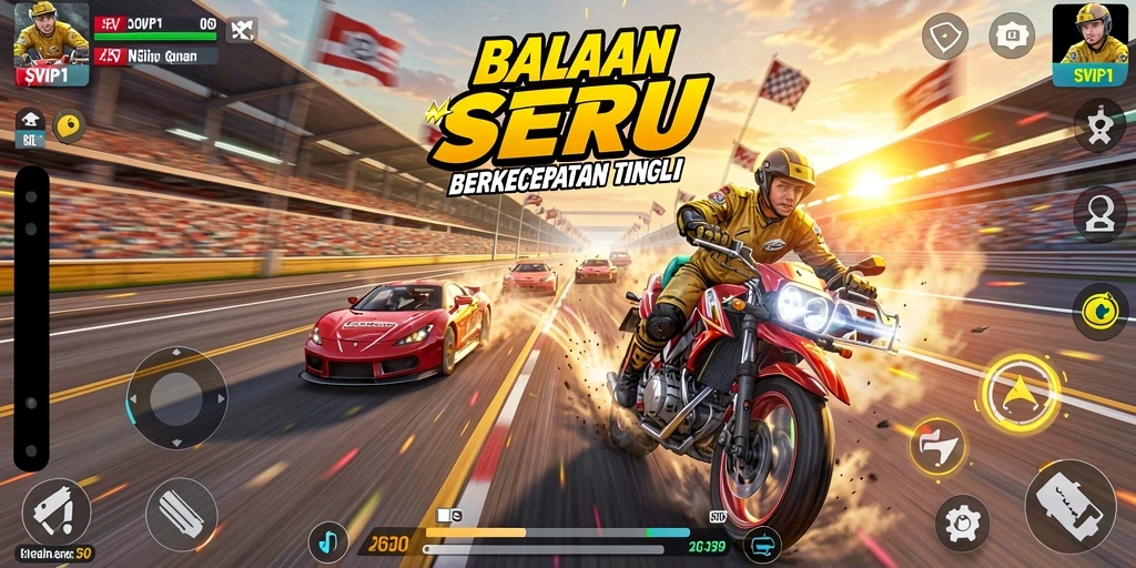 Screenshot gameplay SVIP1 dengan aksi balapan yang seru.